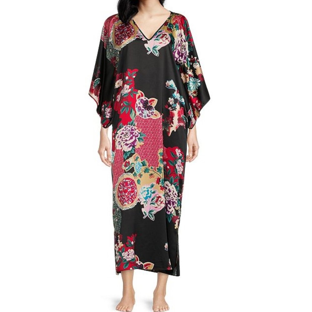 Natori satin silky floral caftan Royal Garden print L - NWT